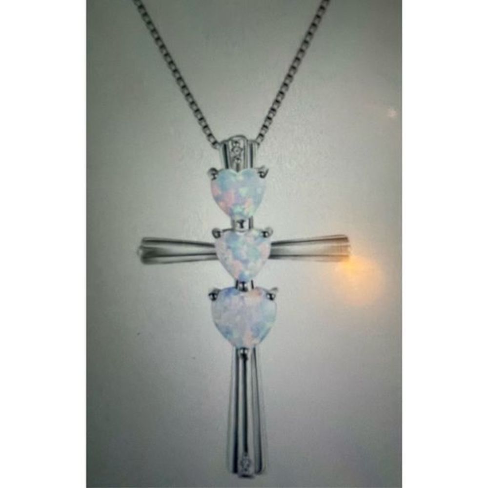 UNIQUE WHITE OPAL HEARTS ON STERLING SILVER CROSS NECKLACE